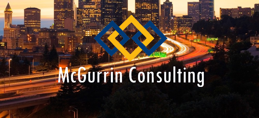 McGurrin consulting logo with night cityscape with highway traffic in the background traffic