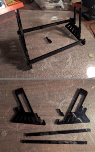 Two combined images showing the original plastic stand, including the broken piece. The top image shows the assembled stand, while the bottom one shows the individual pieces. 